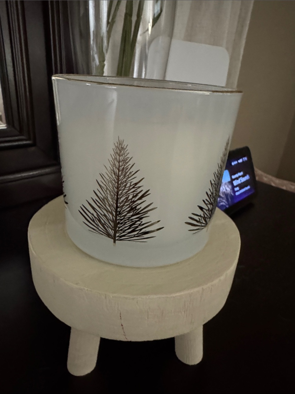 Home Accents White Glass Pine Tree Candle Holder with Gold Rim